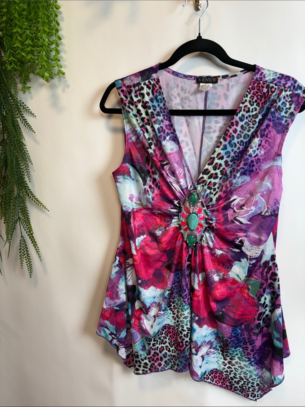 VENUS Pink, Purple & Turquoise Floral Jewel-Accent V-Neck Camisole